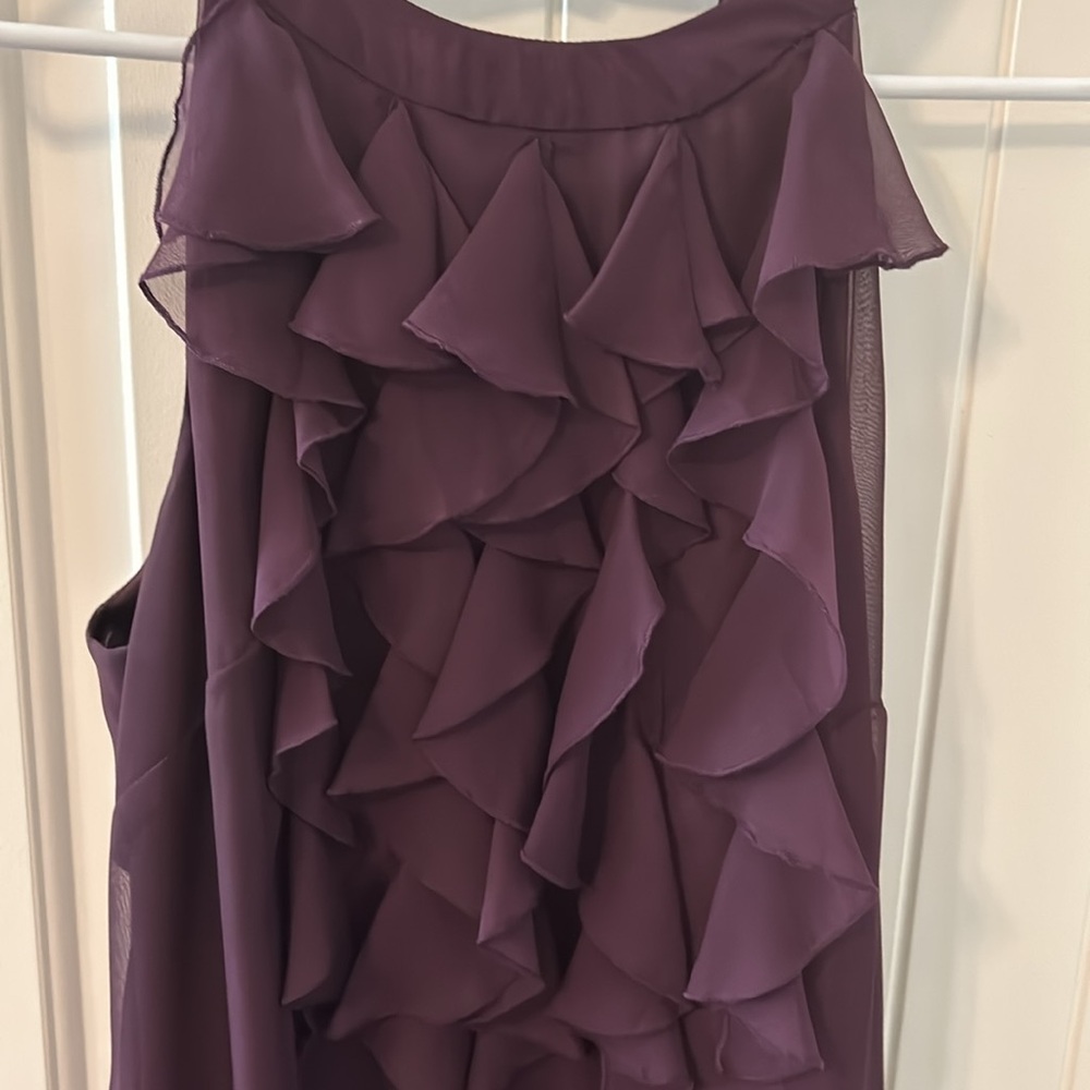 Women deep purple front ruffled dress w/bottom pleats. - Picture 2 of 8